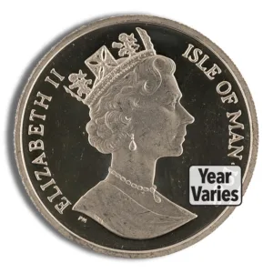 Coin featuring a profile of Queen Elizabeth II, minted in the Isle of Man, with the inscription "Elizabeth II" and the year varying.