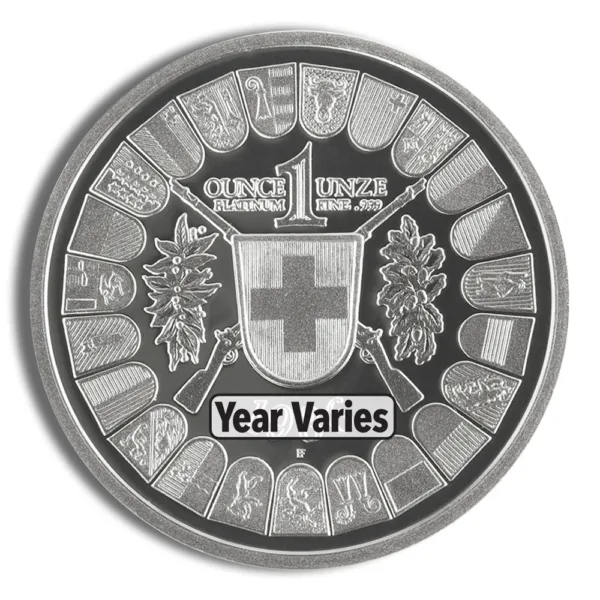 Silver bullion coin featuring a central shield emblem with the Swiss cross, surrounded by intricate designs. The text "1 Ounce" and "Year Varies" is prominently displayed, indicating its bullion value and varying mint years.