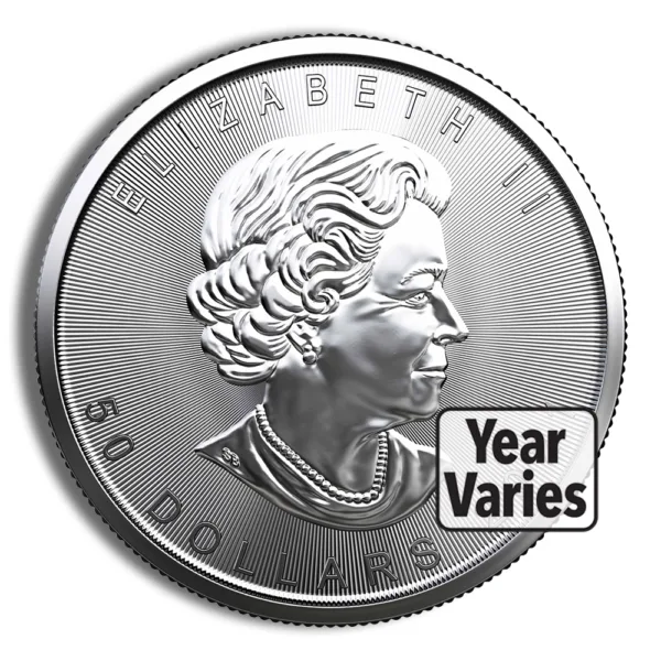Silver coin featuring the profile of Queen Elizabeth II, with the denomination of 50 dollars, design varies by year.