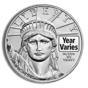 Silver coin featuring the Statue of Liberty design, inscribed with "LIBERTY" and "IN GOD WE TRUST," with a label indicating that the year varies. Ideal for collectors and investors interested in precious metals.