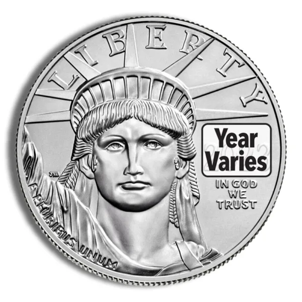 Silver coin featuring the Statue of Liberty design, inscribed with "LIBERTY" and "IN GOD WE TRUST," with a label indicating that the year varies. Ideal for collectors and investors interested in precious metals.