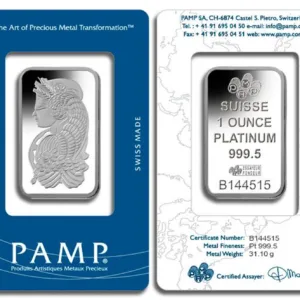 PAMP Suisse 1 ounce platinum bar featuring intricate design, certificate number B144515, and details on metal fineness of 999.5 and weight of 31.10 grams, displayed in a protective packaging with a blue background.