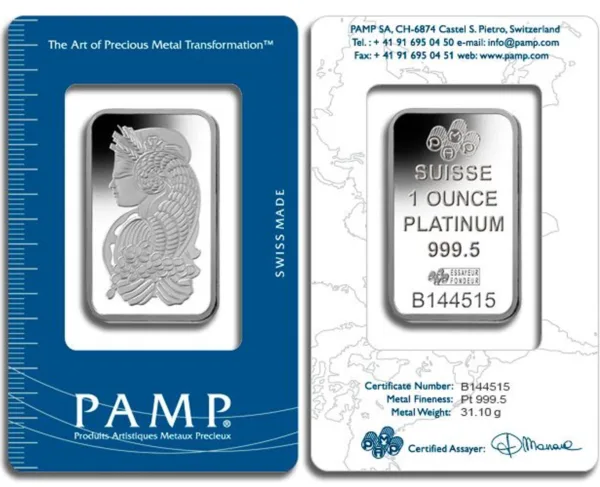 PAMP Suisse 1 ounce platinum bar featuring intricate design, certificate number B144515, and details on metal fineness of 999.5 and weight of 31.10 grams, displayed in a protective packaging with a blue background.