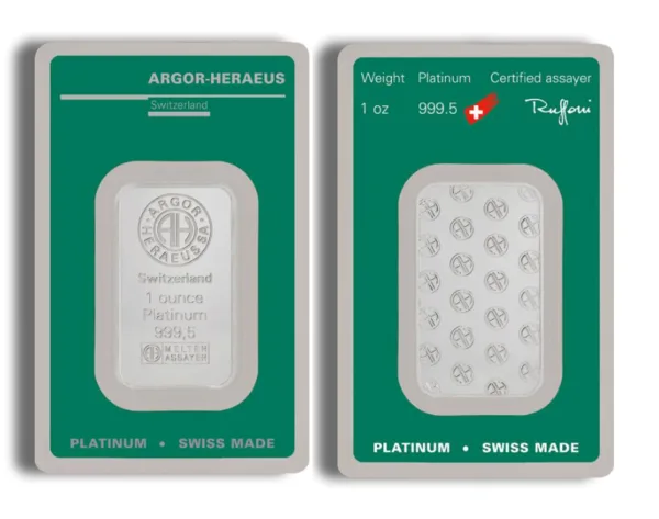 Platinum bullion bar from Argor-Heraeus, Switzerland, weighing 1 ounce with a purity of 999.5. Features a certified assayer mark and Swiss made label, ideal for investment and collection.