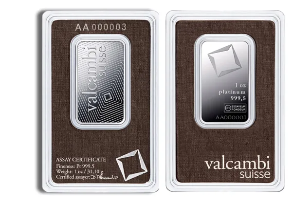 1 oz Valcambi Suisse platinum bar with assay certificate, featuring a fineness of 999.5 and weight of 31.10 grams, displayed in protective packaging.