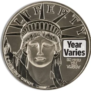Silver coin featuring the Statue of Liberty, with "LIBERTY" inscribed and a label indicating that the year varies. Ideal for collectors and investors in precious metals.