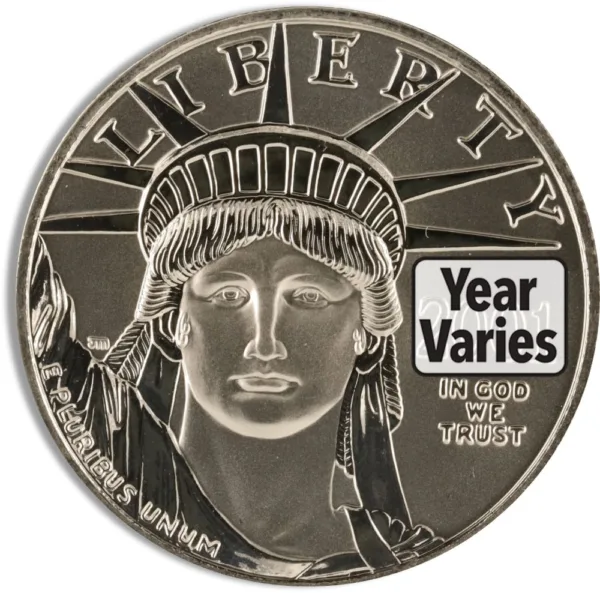 Silver coin featuring the Statue of Liberty, with "LIBERTY" inscribed and a label indicating that the year varies. Ideal for collectors and investors in precious metals.