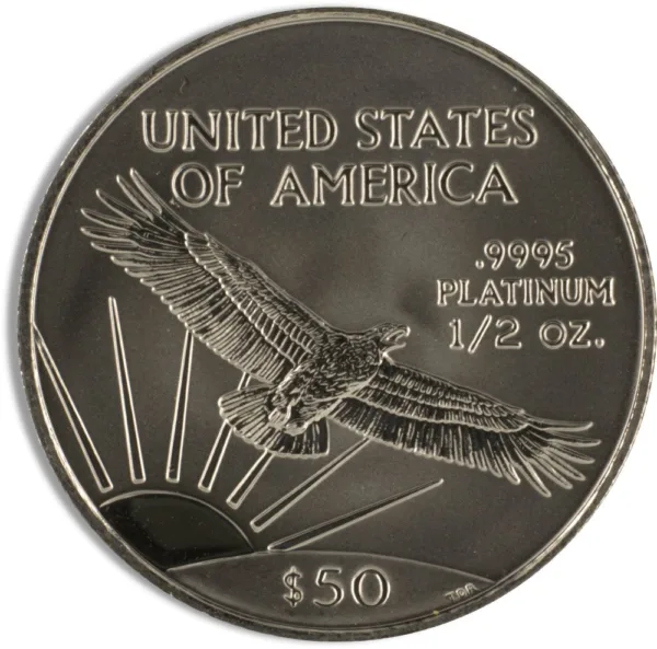 Platinum coin featuring an eagle in flight, inscribed with "United States of America," "9995 Platinum," and denomination of "$50," weighing 1/2 ounce.