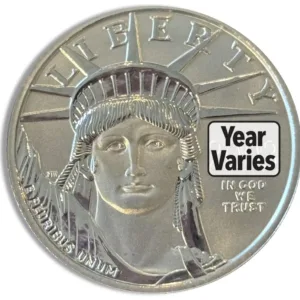 Silver coin featuring the Statue of Liberty design, marked "LIBERTY" and "In God We Trust," with a label indicating that the year varies.