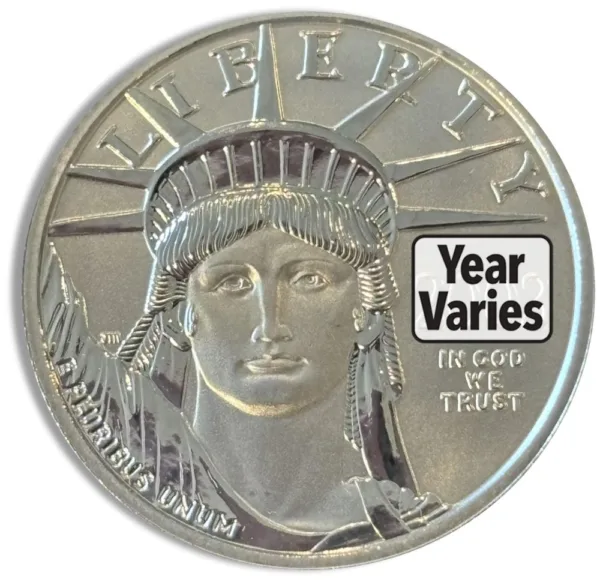 Silver coin featuring the Statue of Liberty design, marked "LIBERTY" and "In God We Trust," with a label indicating that the year varies.