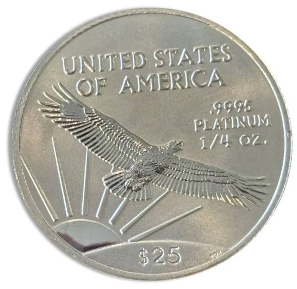 Platinum coin featuring an eagle in flight, inscribed with "United States of America" and "1/4 oz." with a denomination of $25.