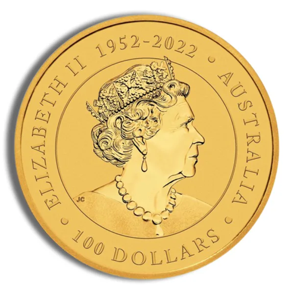 Gold coin featuring a profile of Queen Elizabeth II, commemorating her reign from 1952 to 2022, with inscriptions including "Australia" and "100 Dollars."