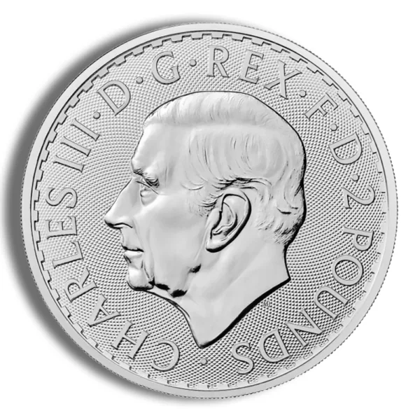 Silver coin featuring the profile of King Charles III, inscribed with "D.G. REX" and "2 POUNDS," representing British currency and royal imagery.