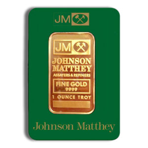 Gold bullion bar from Johnson Matthey, featuring "Fine Gold 9999" inscription, weighing 1 ounce troy, displayed on a green card.
