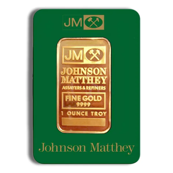 Gold bullion bar from Johnson Matthey, weighing 1 ounce, displayed on a green card with branding and purity information. Ideal for investment and collectors.