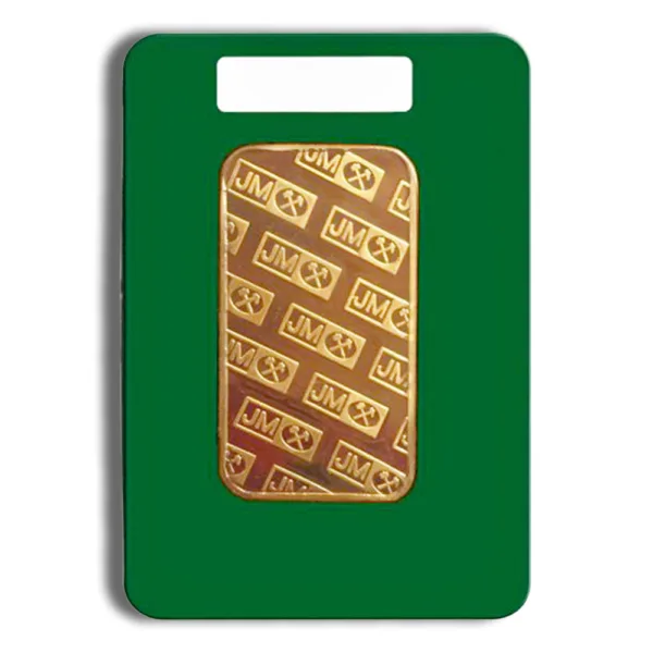 Gold bar design on a green background, featuring an intricate pattern of currency symbols, ideal for financial-themed graphics or product branding.