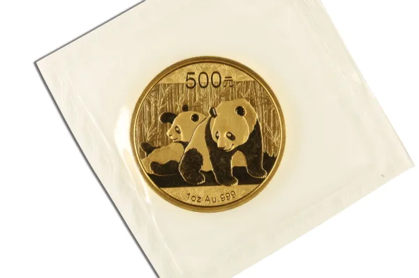 Gold panda coin featuring two pandas, with a denomination of 500 yuan, encapsulated in protective packaging.