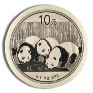 Silver panda coin featuring three pandas drinking from a stream, with a denomination of 10 yuan and a purity of 1 oz .999 silver. The background includes bamboo, highlighting the coin's intricate design. Ideal for collectors and investors in precious metals.