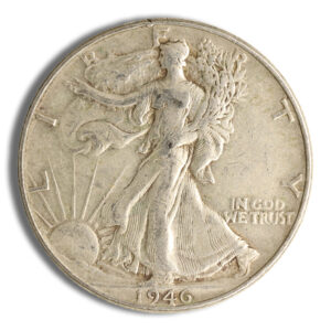 1946 Walking Liberty half dollar coin featuring Lady Liberty walking with a branch and sun rays in the background, showcasing the classic design and historical significance of American currency.