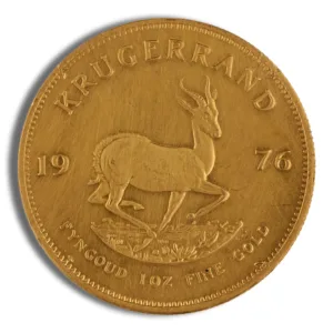 Krugerrand gold coin from 1976 featuring a springbok antelope design and the inscription "Krugerrand."