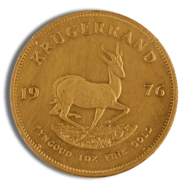 Krugerrand gold coin from 1976 featuring a springbok antelope design and the inscription "Krugerrand."