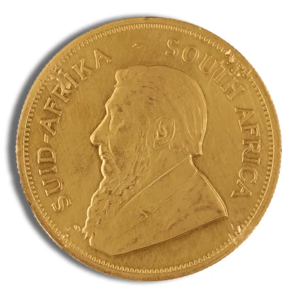 Gold South African Krugerrand coin featuring a profile of Paul Kruger, with inscriptions in Afrikaans and English. The coin represents a significant piece of bullion and investment history.