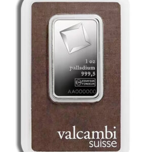 1 oz Valcambi Suisse palladium bar featuring a shiny silver finish and packaging with a brown background, indicating high purity of 999.5.