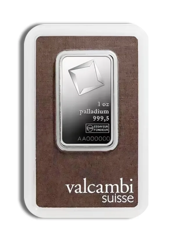 Palladium bullion bar weighing 1 ounce, produced by Valcambi Suisse, featuring high purity of 999.5.