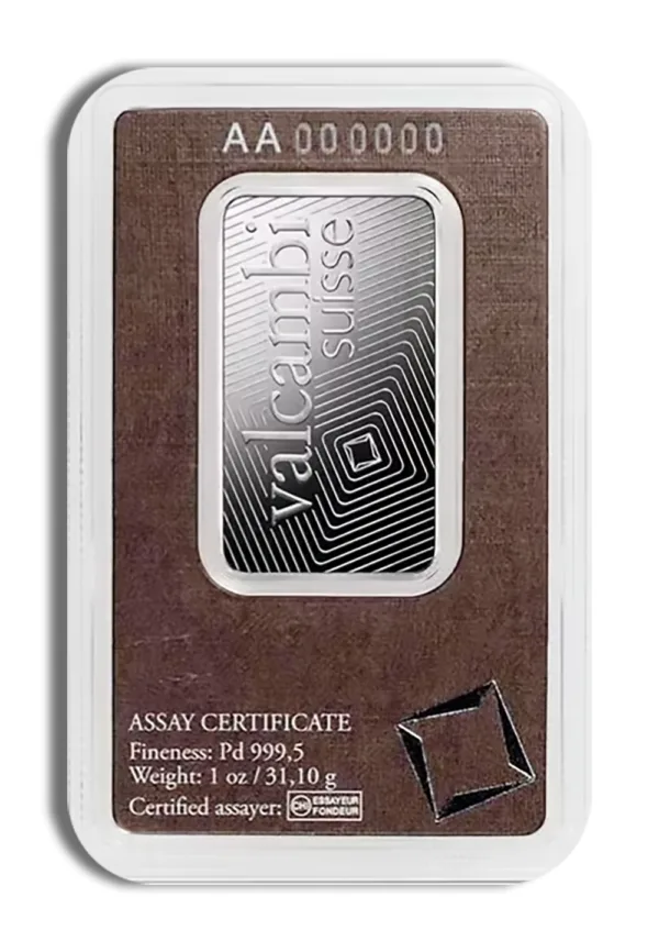 Valcambi Suisse silver bar with assay certificate, featuring a weight of 1 ounce (31.1 grams) and 999.9 fine silver purity.