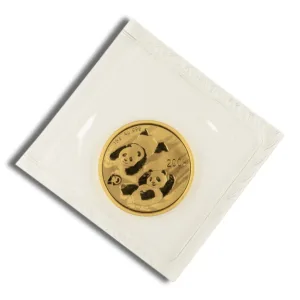 Golden panda-themed coin displayed on a white background, featuring intricate designs of pandas and bamboo.