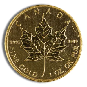 Gold Canadian Maple Leaf coin featuring a detailed maple leaf design, marked with "9999 FINE GOLD" and "1 OZ OR PUR," symbolizing high purity and weight. Ideal for collectors and investors in precious metals.