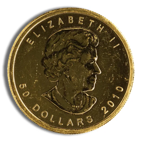 Gold coin featuring a profile of Queen Elizabeth II, inscribed with "50 DOLLARS" and "2010." Ideal for collectors and those interested in numismatics.