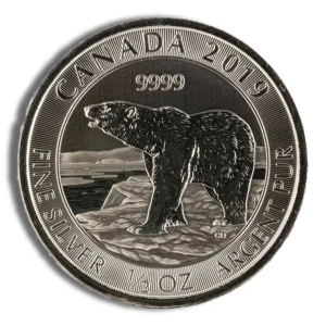 Silver Canadian coin featuring a polar bear design, minted in 2019 with a purity of .9999 fine silver.