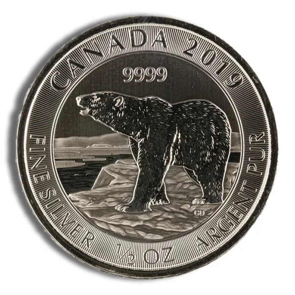Silver Canadian coin featuring a polar bear design, minted in 2019 with a purity of .9999 fine silver.