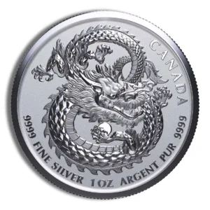 Silver coin featuring a detailed dragon design, inscribed with "Canada," "9999 Fine Silver," and "1 oz Argent Pur," showcasing high-quality craftsmanship and precious metal content.