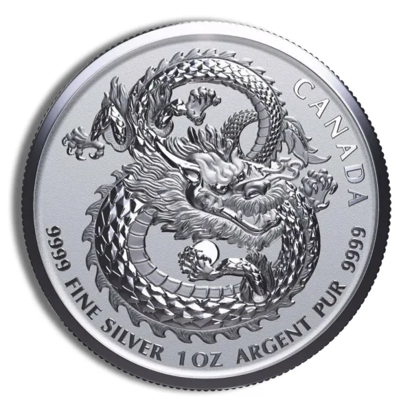 Silver coin featuring a detailed dragon design, inscribed with "Canada," "9999 Fine Silver," and "1 oz Argent Pur," showcasing high-quality craftsmanship and precious metal content.