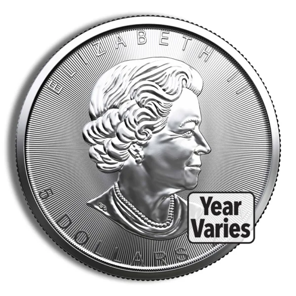 Silver coin featuring the profile of Queen Elizabeth II, marked with "Dollars" and a note indicating that the year varies. Ideal for collectors and investors in precious metals.