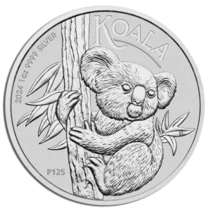 Silver coin featuring a koala climbing a tree, designed for collectors and investors, showcasing intricate details and the inscription "KOALA" along the top.