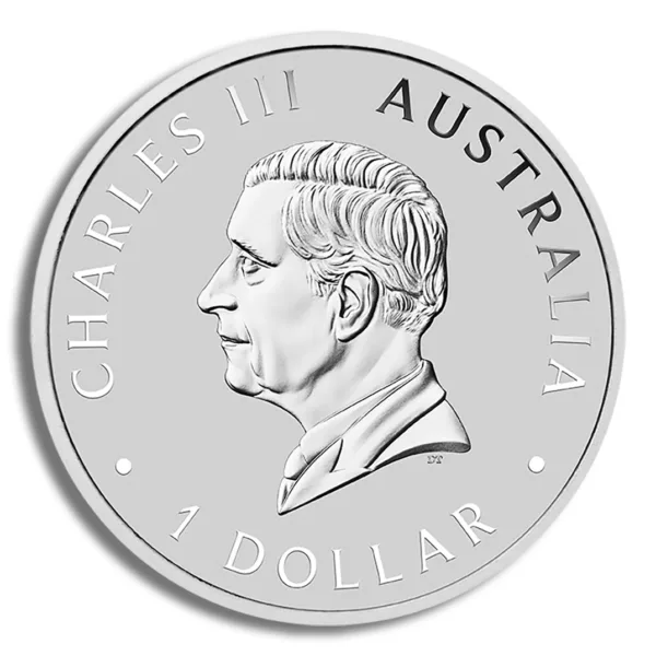 Silver Australian one dollar coin featuring a profile of Charles III, with inscriptions of his name and the country, Australia.