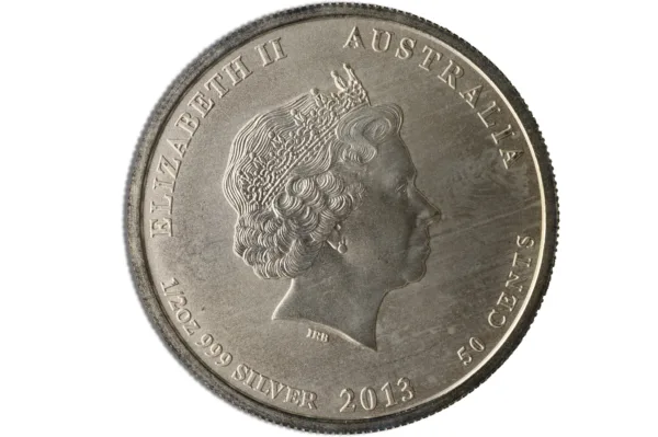 Australian silver coin featuring a profile of Queen Elizabeth II, minted in 2013.