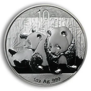Silver coin featuring two pandas, with the denomination of 10 Yuan and a purity of 999 Ag, set against a bamboo background.