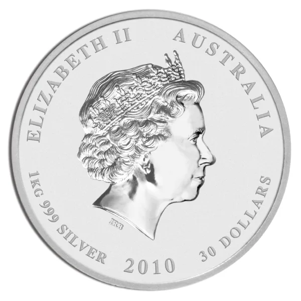 Silver coin featuring a profile of Queen Elizabeth II, inscribed with "Australia," "2010," and "10 Dollars," made of 99.9% silver.