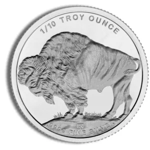 Silver bullion coin featuring a detailed bison design, marked with "1/10 TROY OUNCE" and ".9999 FINE SILVER," showcasing its high purity and collectible value.