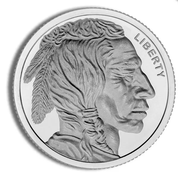 Silver coin featuring a profile of a Native American chief, with detailed engravings of feathers and hair, and the word "LIBERTY" inscribed above. Ideal for collectors and enthusiasts of historical currency.