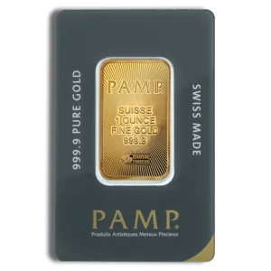 PAMP gold bullion bar, 999.9 pure gold, Swiss made, displayed in protective packaging.