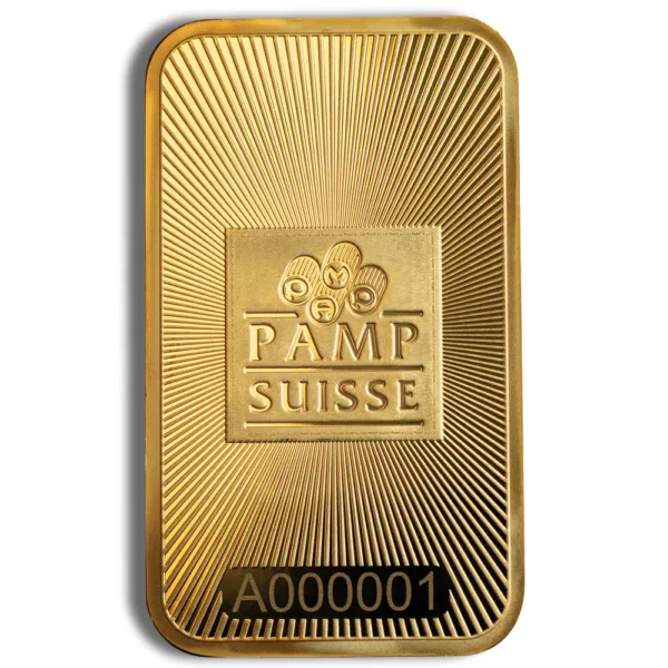 PAMP Suisse gold bar featuring a radiant design and unique serial number A000001, ideal for investment and collection.