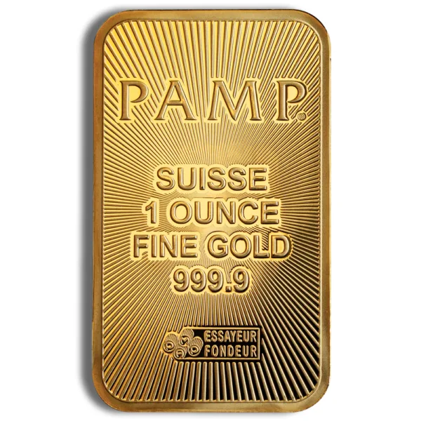 PAMP Suisse 1 ounce fine gold bar featuring a high-quality finish, stamped with purity of 999.9 and detailed engraving, ideal for investment and collectors.