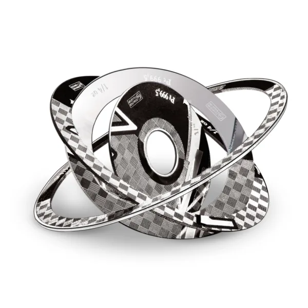 Stylized illustration of three black and white compact discs arranged in a dynamic, swirling formation, showcasing unique geometric patterns and designs. Ideal for representing music, technology, or digital media themes.