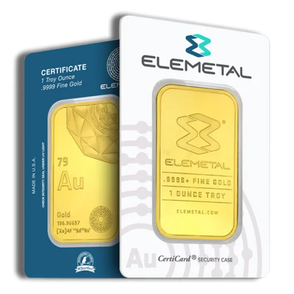 Gold bullion bar from Elemetal, featuring a certificate of authenticity. The bar is made of 24k gold and showcases the Elemetal logo, indicating its purity and weight. Ideal for investment and collectors.