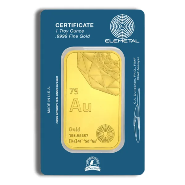 Gold bullion certificate displaying 1 troy ounce of 999.9 fine gold, featuring the chemical symbol for gold (Au) and security features for authenticity.